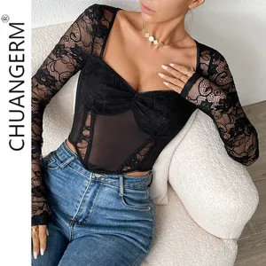 Chuangerm gran oferta corsé de encaje de empalme ahuecado Fishbone cuello cuadrado corsé de manga larga para tops de mujer