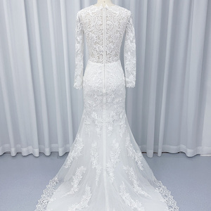 Vestido de novia estilo sirena mangas largas drapeado flor volante decoraciones capilla para madre novia HX43 - Product Image 5