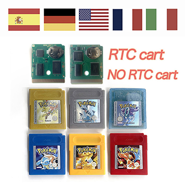USA EUR NOE ITA ESP FRA Version RTC NORTC Wired Flash Cart POKE Gold Red Blue Silver Crystal Yellow Plastic Game Cartridge GBC