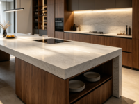 Îlot de cuisine moderne sur mesure avec plaque de cuisson à induction intégrée, table à manger intégrée et plan de travail en pierre frittée
