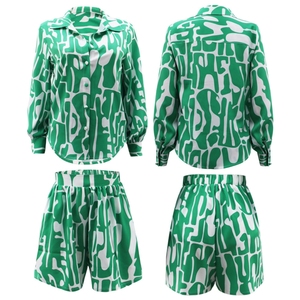 J0188 Conjuntos Cortos de Verano a la Moda para Mujer, Camisa Holgada de Manga Larga Estampada y Conjunto de Pantalones Cortos Casuales, Conjuntos de Dos Piezas, <span class=keywords><strong>Ropa</strong></span> de Mujer - Product Image 4