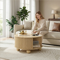 Table basse ronde en gros avec rangement, table centrale cannelée en bois avec porte coulissante et pieds en forme de boule pour salon