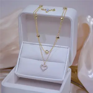 Free samples Gold Plated Double Layer Necklace Heart Shaped Rhinestone Pendant Necklace Jewelry