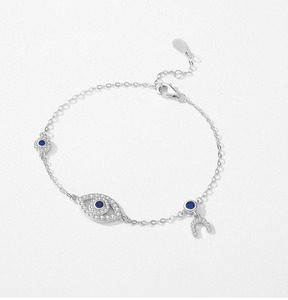 S925 silver Gold Plated Eye Chain <b>Bracelet</b> With Blue Crystal And H Charm Minimalist Women's Everyday Wear Jewelry - Product Image 4