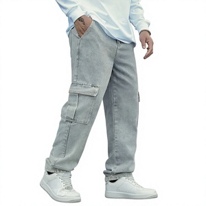Jean cargo homme coupe droite écologique respirant en denim bleu clair, pantalon décontracté à jambe droite multi-poches pour le travail - Product Image 3