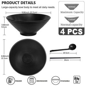 Juego de cuencos de <span class=keywords><strong>ramen</strong></span> de melamina de 9 pulgadas de estilo japonés, cuenco de fideos Pho Udon para sopa asiática negra mate con <span class=keywords><strong>cuchara</strong></span>, palillos para restaurante - Product Image 2