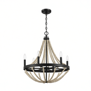 Lustre en bois perlé noir Starry Wood à 6 bougies, luminaire suspendu de style farmhouse pour salle à manger, grande forme ronde - Product Image 1