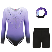 Ensemble de 3 pièces de justaucorps de gymnastique pour enfants avec logo personnalisé B69, dégradé de couleurs, strass, short et bandeau pour la danse et la gymnastique
