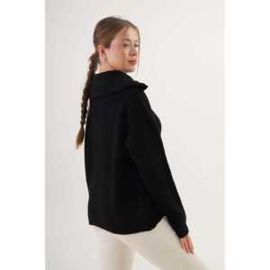 Pull en tricot à col zippé Thessaloniki noir pour femme, manches longues, anti-boulochage, style normcore minimaliste - Product Image 1