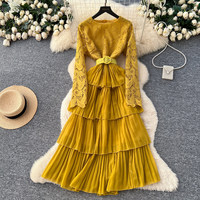 Robe décontractée élégante pour femme WIWT à manches longues, en dentelle, plissée, à volants, avec ceinture, pour tous les jours et les soirées