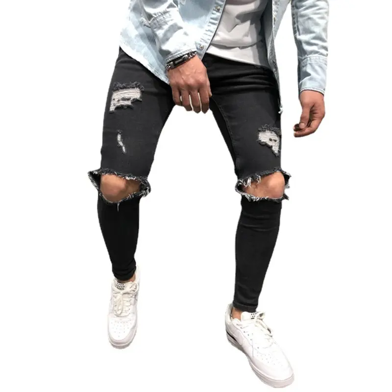 Wholesale Custom Logo Men's Denim Trouser Design Casual Distressed Ripped Hole Skinny Pant Jeans For Men