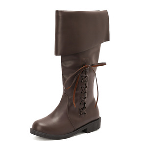 Black Genuine Leather Lace-up Round Toe Flat Knee High <b>Boots</b> with Rubber Outsole and Anti-Slip Feature Drop Shipping - Product Image 2