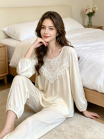 Pyjama long en satin uni et lisse pour femme, taille élastique, manches longues, style décontracté et luxueux, idéal pour le printemps