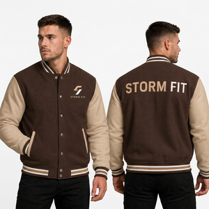 Chaqueta Varsity Unisex Marrón Beige con Logotipo Bordado, Informal, de Invierno, Corte Regular, Cuello Alto, Lana Ecológica, Transpirable, Resistente al Viento - Product Image 1