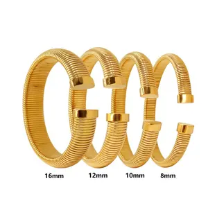 Wholesale Custom High Quality Fashion Jewelry 18K Gold Plated Stainless Steel Striped Thick Open Bracelet Bangles For Women
