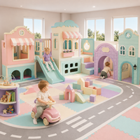 Aire de jeux intérieure personnalisée pour enfants, thème Océan Bleu, avec mini-ville, boutique, toboggan et piste routière