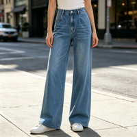 Jeans décontractés pour femmes, taille haute, jambe large, en coton et élasthanne, denim extensible, style pour les trajets quotidiens