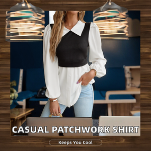 Blusa de Mujer con Contraste de Color y Mangas Abullonadas, Cuello Camisero, Manga Larga, Chifón, Estilo Casual - Product Image 2