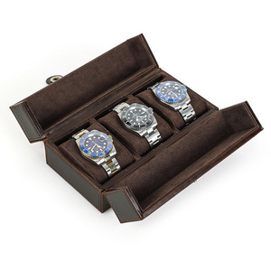 Boîte à montres rétro en cuir Crazy Horse à 3 emplacements, carrée, portable, en cuir véritable, avec fermeture magnétique - Product Image 3