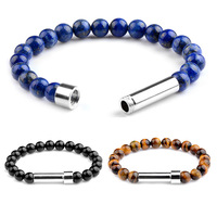 Bracelet en perles de pierre naturelle agate œil de tigre avec tube en acier inoxydable, message personnalisé, bracelet à perles réglable