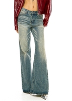 ODM OEM botte droite en denim à taille haute et à imprimé vintage botte de singe élastique personnalisée Wah moustache brodée bouton de rivet sexy