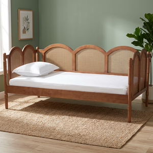 Sofá Cama de Lujo de Madera de Teca Sólida con Cabecera Triple Arqueada y Panel de Mimbre Natural - Product Image 3