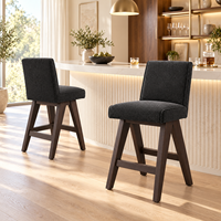 Tabouret de bar haut avec dossier, revêtement en tissu texturé noir, pieds en bois en forme de A, chaise de bar pour la maison, la cuisine, le café