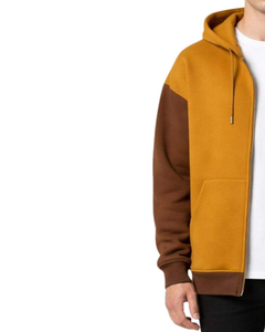 Sweat à capuche pour homme en molleton de coton surdimensionné avec fermeture éclair bicolore jaune moutarde et marron, style décontracté streetwear - Product Image 2