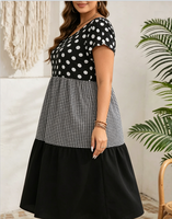 Robe décontractée à volants pour femmes, grande taille, imprimé pois noir et blanc, patchwork gingham, manches courtes à volants, robe d'été