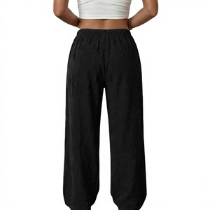 Pantalon en lin taille haute pour femme, coupe ample, couleur unie, respirant, brodé, avec cordon de serrage, décontracté, pour l'été et la plage - Product Image 4