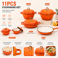 Batterie de cuisine en fonte émaillée 11 pièces, rouge, comprenant un faitout, une casserole, une poêle à frire, des mini-casseroles, avec boutons dorés, pour la cuisine