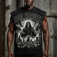 T-shirt sans manches vintage pour homme avec logo personnalisé, imprimé Grim Reaper, style Heavy Metal Gothic Streetwear, avec détails en strass