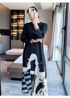 Nouvelle Arrivée Élégante : Robe Plissée Mi-Longue Style Miyake à Ourlet Floral, Manches Longues, Col Élastique Extensible, Imprimée et Froncée pour Femme