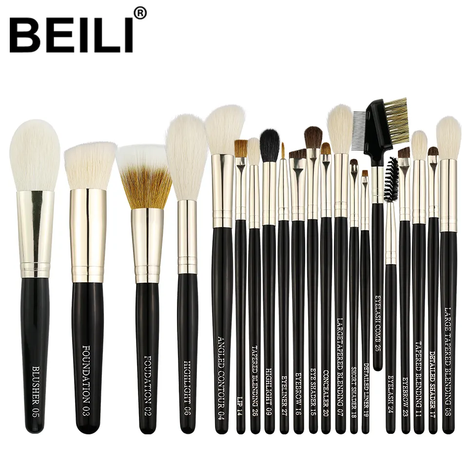 BEILI noir argent luxe 21 pièces pinceaux de maquillage naturel poney chèvre cheveux professionnel maquillage brosse ensemble marque privée en gros