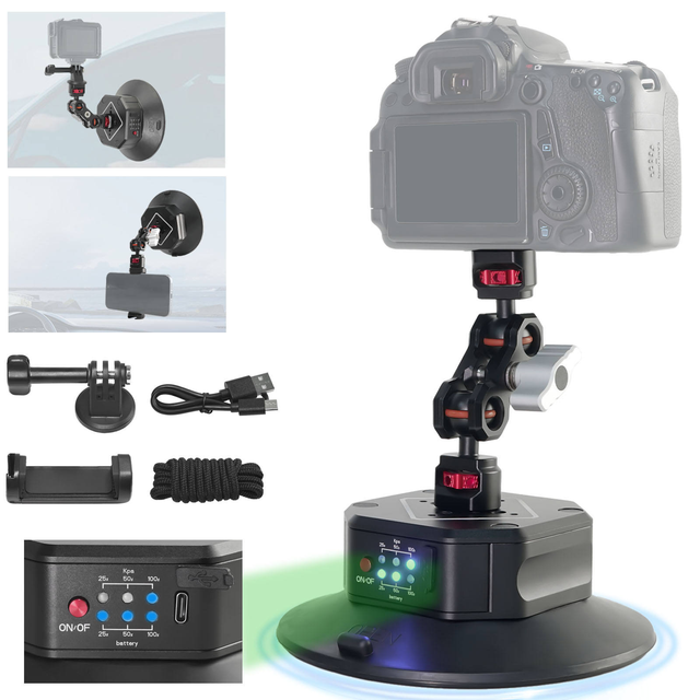 6inch Electronic Automatic Air Pump Suction Cup with Aluminum Alloy & Silicone for Car Camera Mount 1/4"-20 & 3/8"-16 Mount