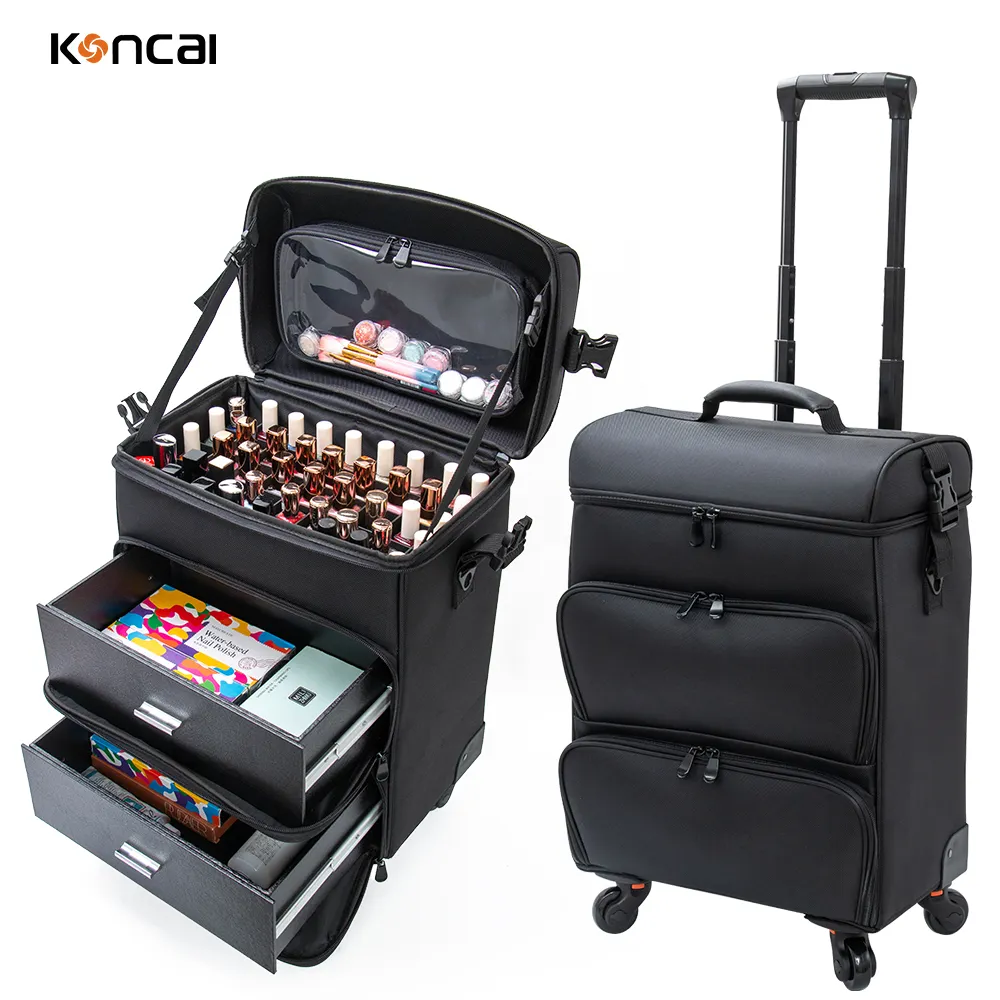 KONCAI Nylon professional trolley Makeup Bag cosmetic Train Case Rolling Nail Polish Organizer Case