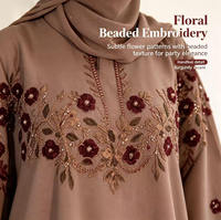 Vestido Abaya Abierto Nida Suave Color Taupe Personalizado OEM para Mujer, con Bordado Floral y Cuentas, Manga Larga, para Fiesta Eid, Vestido Musulmán Modesto para Mujer