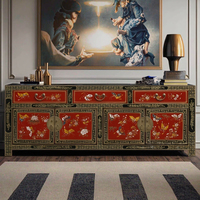 Table console en bois massif de style chinois antique, portes et tiroirs en laiton vieilli, longues pattes, multifonctionnelle, salon, maison, bar, cuisine