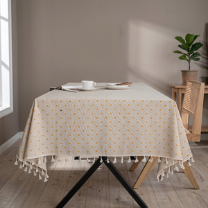 Nappe rectangulaire en coton et lin de style nordique moderne, imprimé végétal, avec pompons, anti-taches, lavable, décoration intérieure - Product Image 1