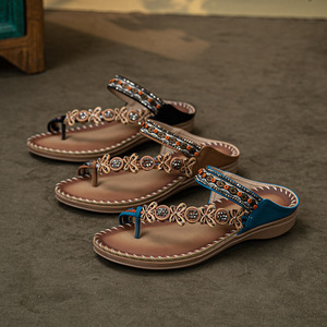 Elegant PU Upper Flat <b>Sandals</b> Bead Decoration Open Toe Slip-On Summer Shoes Breathable Rubber Outsole Light Weight Anti-Slip - Product Image 3