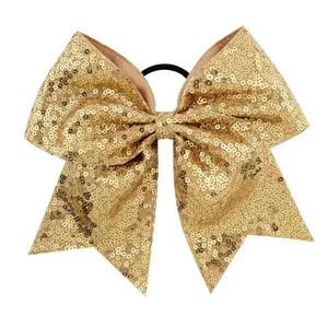 Sequin ribbon cheer leader hair bows with rubber band, School cheerleading bows