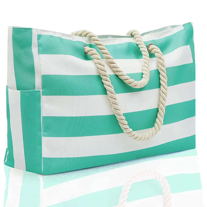 Bolsa de piscina a rayas de verano extra grande impermeable con logotipo impreso personalizado para mujer 2023 bolsa de lona de playa de bolsillo con cremallera