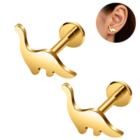 Bijou de piercing pour cartilage d'oreille en titane ASTM F136 plaqué or 18 carats/plaqué or rose, motif dinosaure, à dos plat et à vis, pour hélix et tragus