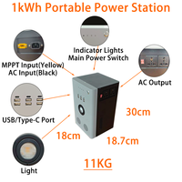 Générateur solaire multi-sorties 500W, onduleur à onde sinusoïdale pure, batterie au lithium, boîtier métallique, lumière LED d'urgence, voiture 1KWH