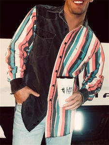 نمط تصميم طويل الأكمام مخطط عارضة واحدة الصدر قمم جيوب بدوره أسفل طوق قميص الرجال - Product Image 2