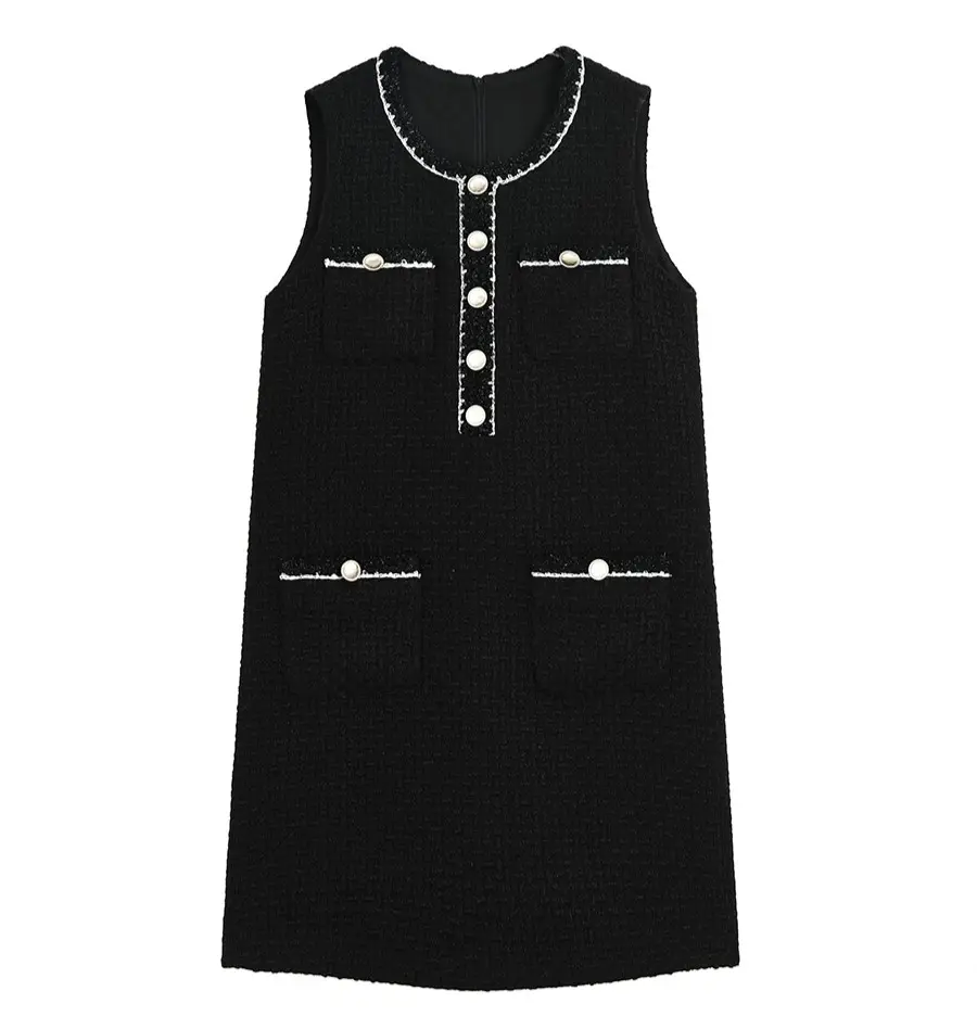 Dames Elegante Klassieke Tweed Zwarte Jurk Senior Temperament Dames Mouwloos Vest Rechte Jurk Kleding Design Service