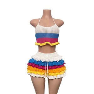 Women's Colorful Striped Knit Halter Top With Ruffled Shorts <b>Sexy</b> 2-Piece <b>Set</b> Fashion - Product Image 5
