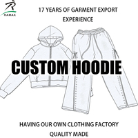 Ensemble sweat à capuche et pantalon de survêtement unisexe streetwear personnalisé pour l'hiver avec patch imprimé en silicone, finition délavée et usée, fermeture éclair