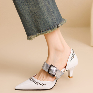 Big Size 46 Women <b>Low</b> <b>Heels</b> Stiletto Summer Side Cut Out <b>Silver</b> Mid Buckle Strap Shoes Dress Wide Fit Metal Rivets Pumps - Product Image 1