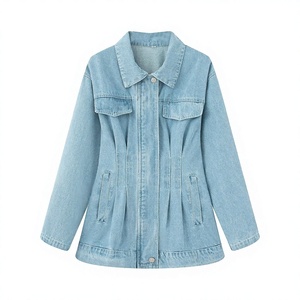 Veste en jean bleue pour femmes grandes tailles, manches longues, veste en jean décontractée, hauts en jean de haute qualité pour femmes - Product Image 1